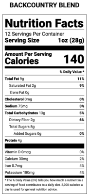 Backcountry Blend 12oz Nutrition Label