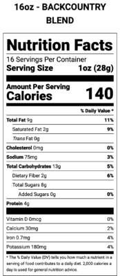 Backcountry Blend 16oz Nutrition Label