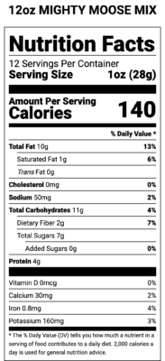 Mighty Moose Mix 12oz Nutrition Label