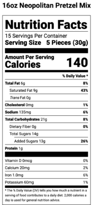 Neapolitan Delight Pretzels 16oz Nutrition Label