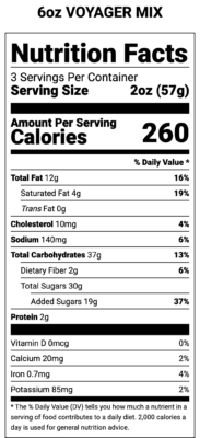 Voyager Mix 6oz Nutrition Label