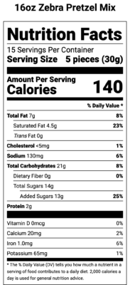 Zebra Mix Pretzels 16oz Nutrition Label